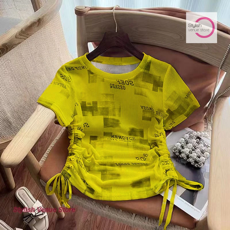 

American tie-dyed short-sleeved T-shirt women's summer breathable fashion Western-style blouse unique chic spice girl blouse.