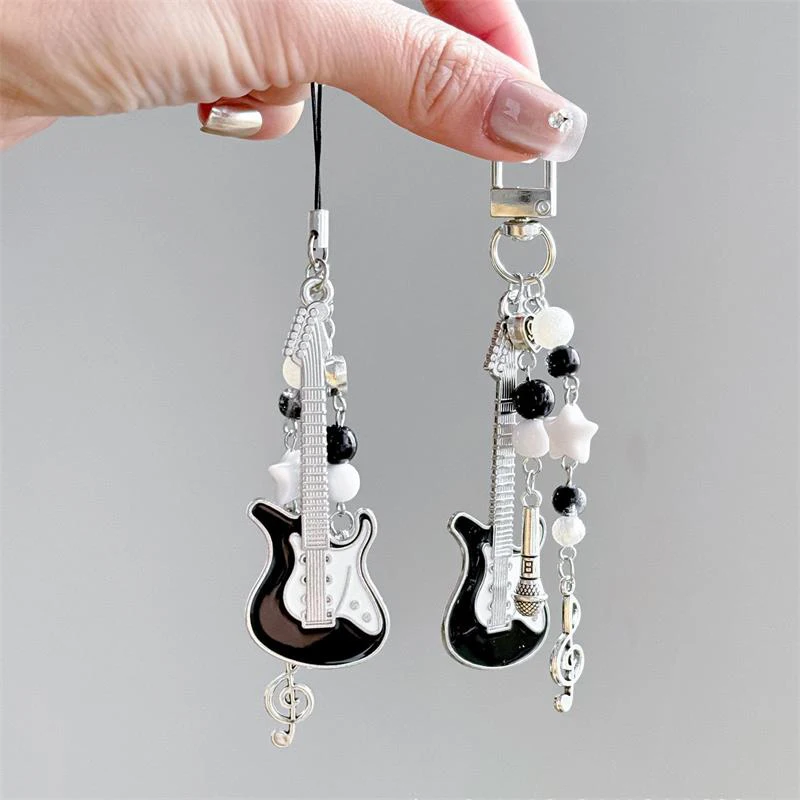 

Y2K Guitar Microphone Bead Mobile Phone Chain Charm Cute Backpack Musical Note Pendants Keychain Bag Hanging Ornament Girls Gift
