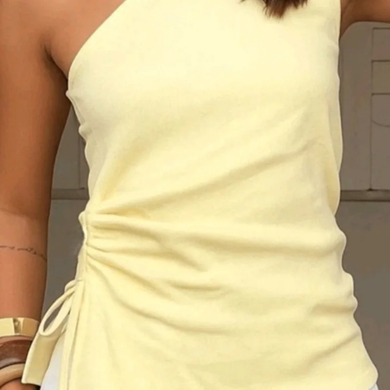 Summer New Sloping Shoulder Slimming Fashion Trend Fresh Temperament Vest Waist Cinched Drawstring And Irregular Slit T-shirt