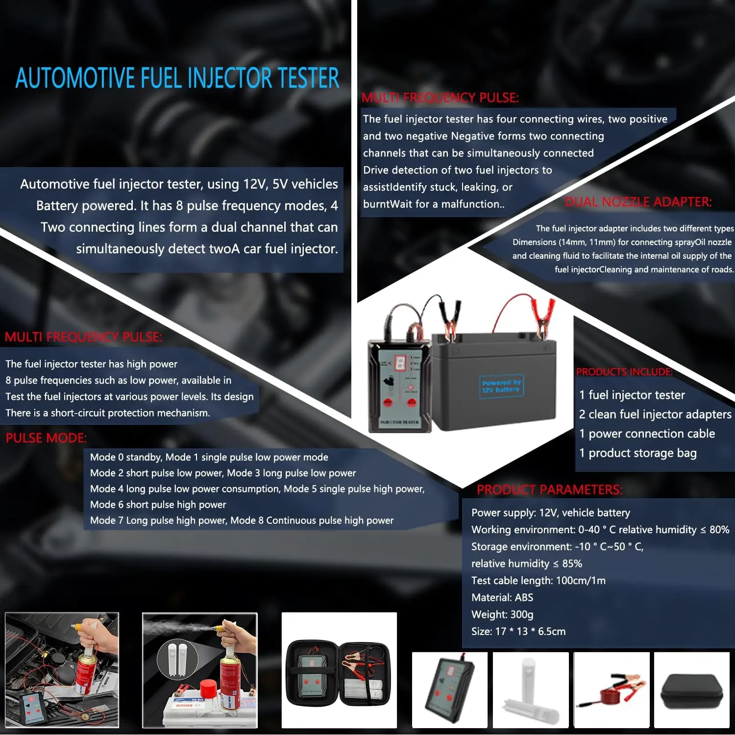 Fuel Injector Tester and Adapter for Diagnosis Cleaning of Injectors DIY Cleaning Tool Kits Switchable Short-circuit Protection