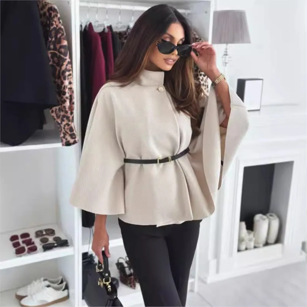 Fashionable And Elegant Bat Sleeve Coat For Women 2024 New Winter Fashion Solid Color Waist Strap Woolen Cloak Coat Outwear Tops