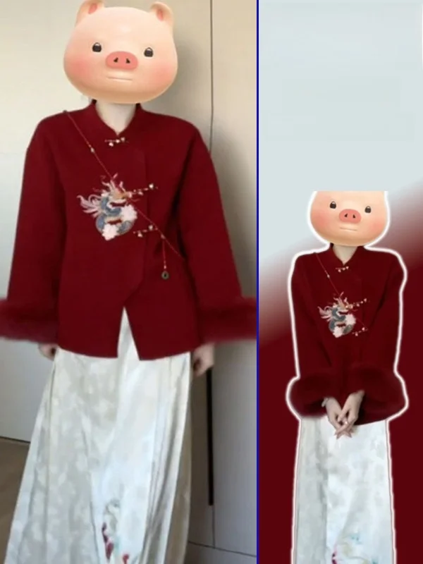 

Large Size Woolen Coat with Stand Collar And Button Design High Waist Skirt Two Piece Set for plus Size Women