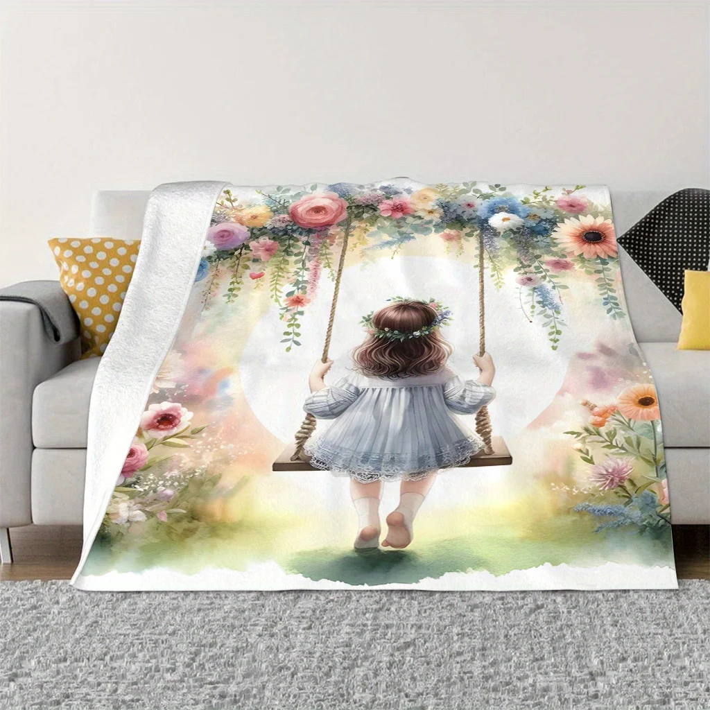 Swinging on Rope Floral Fleece Blanket - Soft Lightweight All-Season Throw for Home, Travel & Camping, Machine Washable Cozy Off