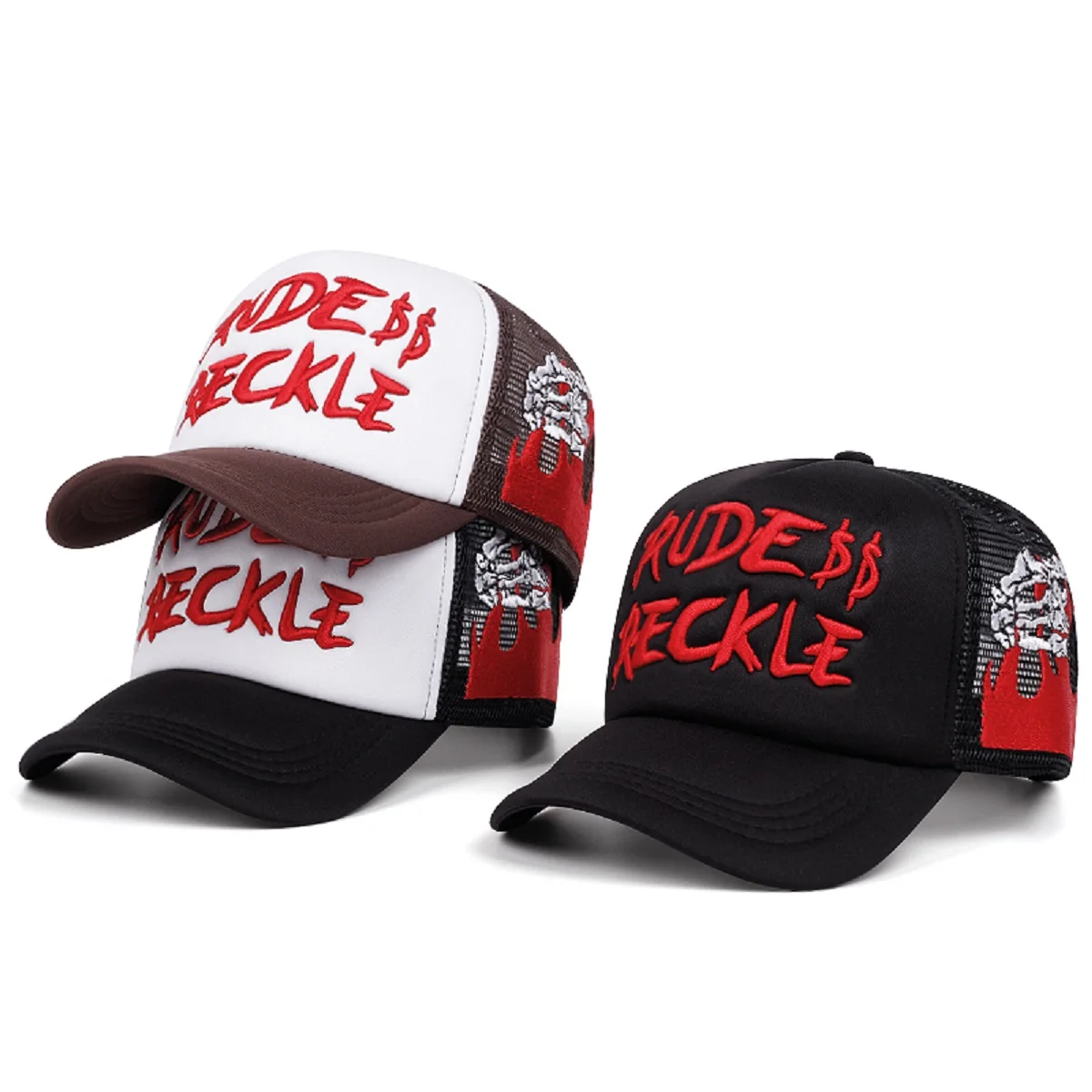

2025 Personalized Fashion New Cotton Mesh Hat RUDE Hand Skeleton Embroidery Street Skateboarding Hip Hop Hat unisex Baseball Hat