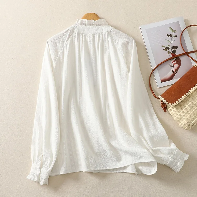 Damskie bluzki w stylu chińskim, jednolite kolory, koszule vintage, modne luźne letnie ubrania, długi rękaw, bawełniano-lniane damskie topy.