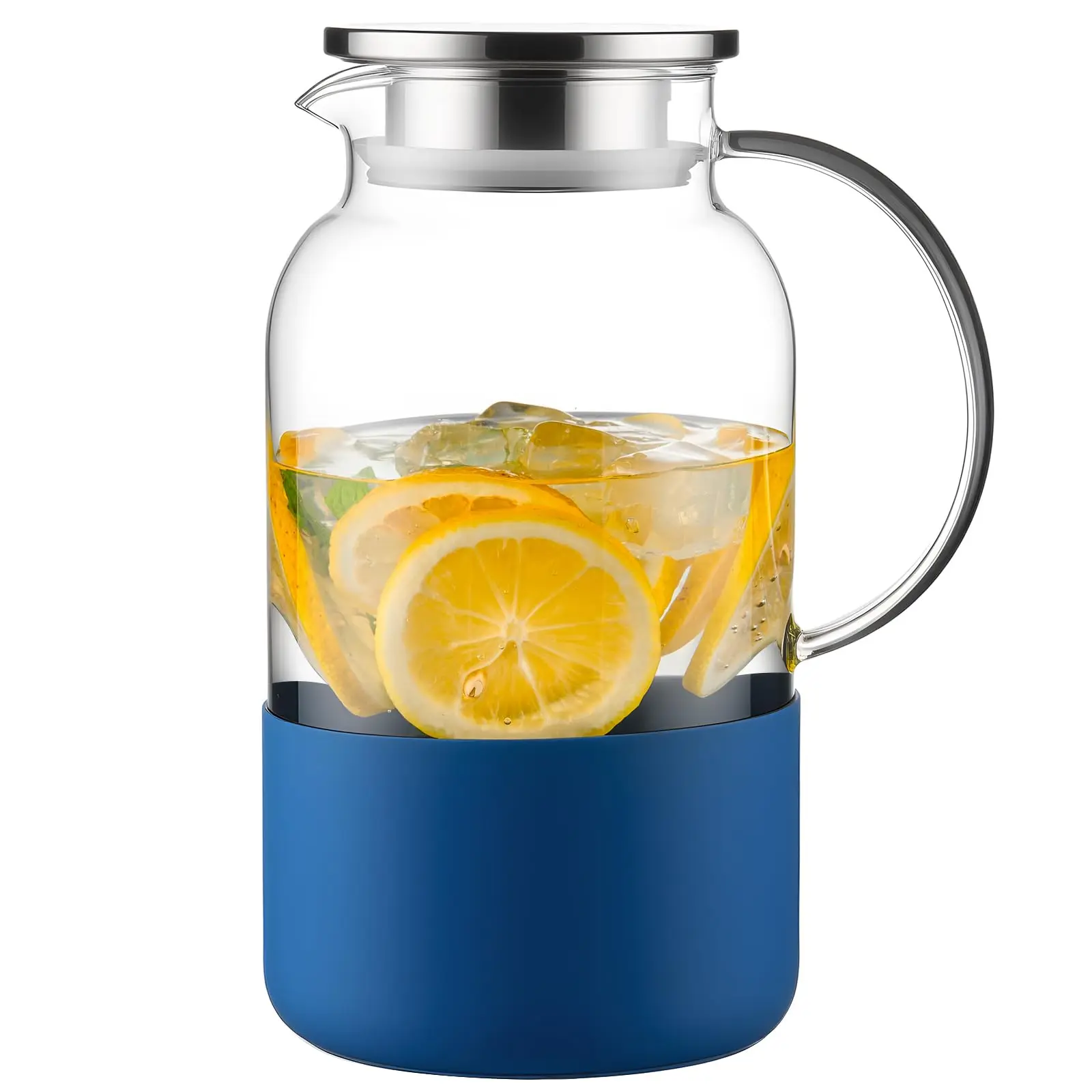 

Water Pitcher with Silicone Base 61oz/ 1.8L, Hot& Cold Glass Pitcher with Lid and Handle, Glass Carafe with Lid for Coffee,Juice