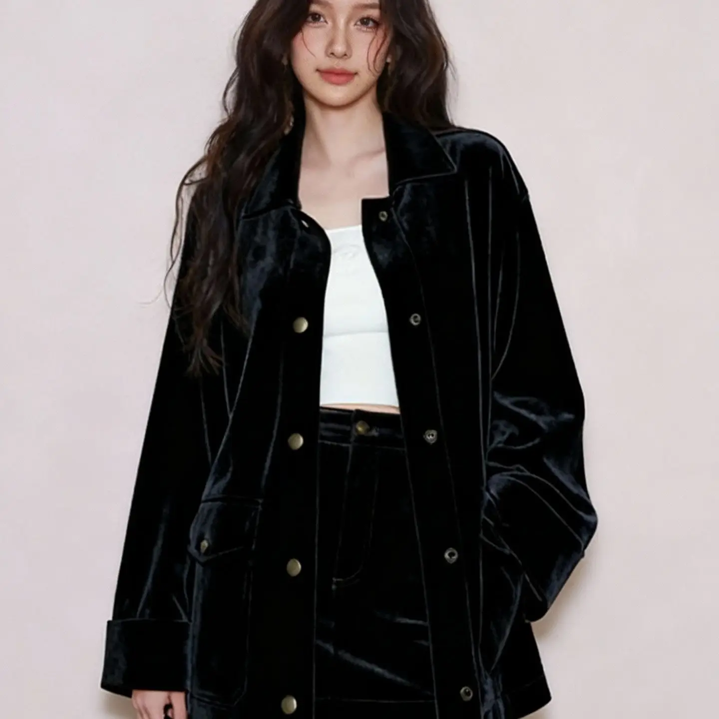 Dopamine Lazy Style Old Money Style Black Jacket Coat+Half Skirt Velvet Two Piece Set for Women