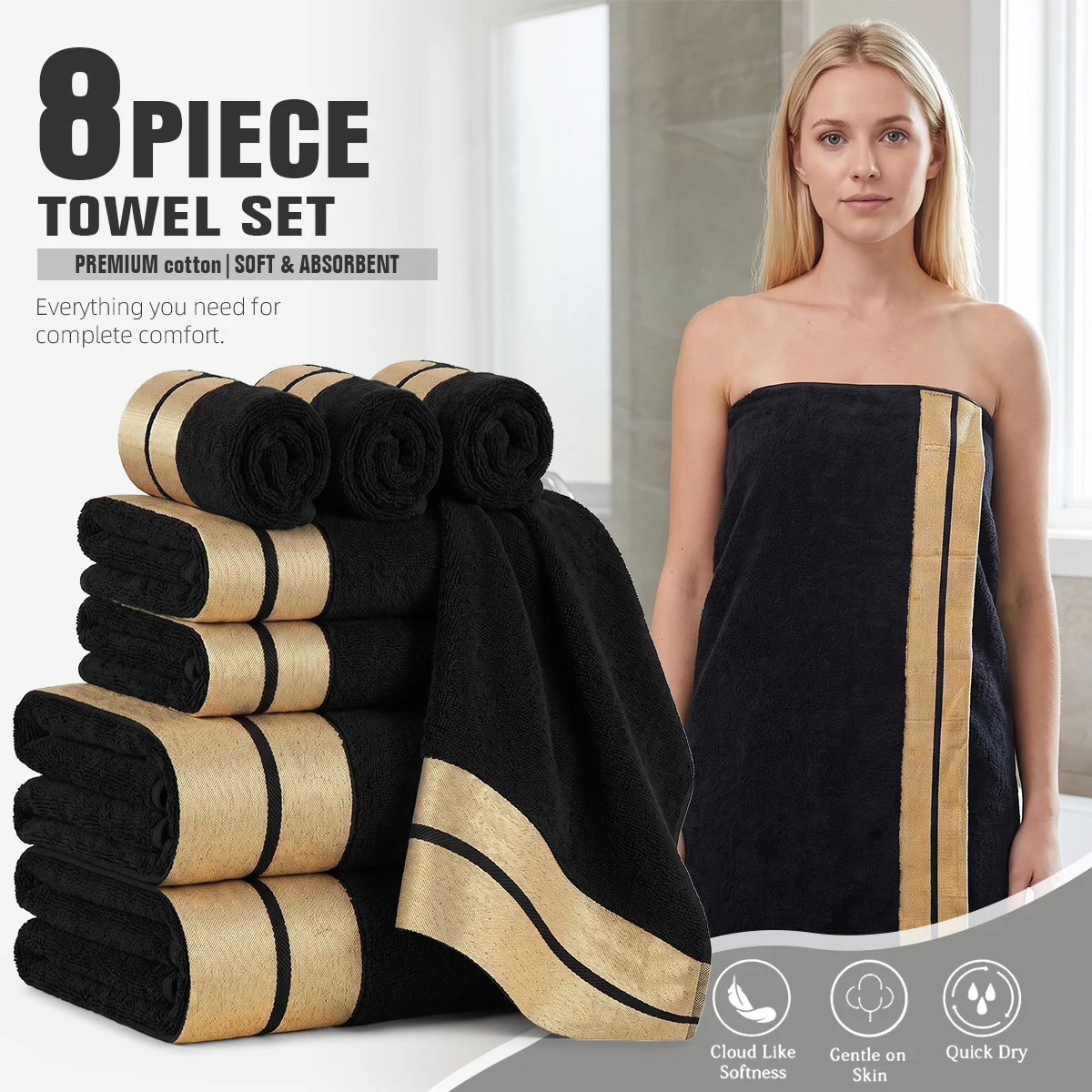 8-Piece Luxury Pure Cotton Bath Towel Set, 2 Bath Towels + 2 Face Towels + 4 Washcloths, Soft and Comfortable, Highly Absorbent, 100% Cotton Towels, Bathroom Decoration Accessories, Everyday Use Towels