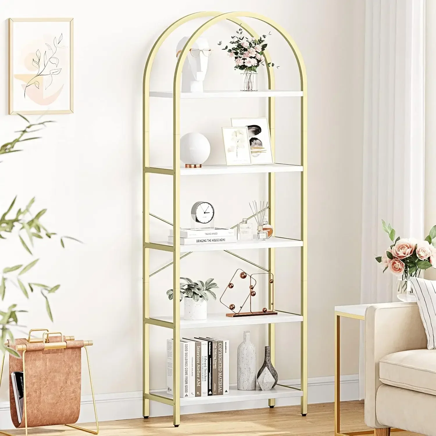 

Bookshelf 5 Tier Bookcase Arched Display Racks Tall Standing Bookshelves Metal Frame Storage Rack Shelf Large Wood Book Shelf