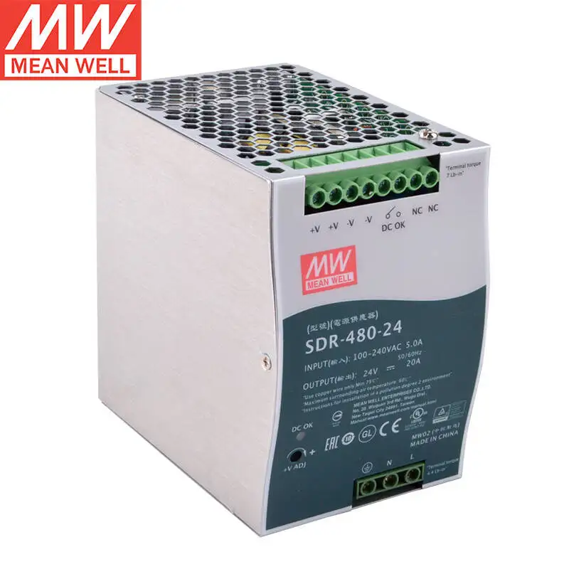 MEAN WELL Única Saída Industrial DIN RAIL, PFC e Fonte de Alimentação de Comutação Paralela, Novo, Original, SDR-480P-24, 24V, 20A