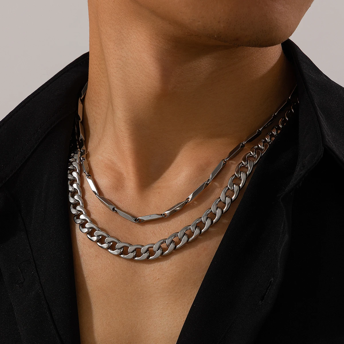 Lacteo Trendy 2pcs/Set Sliver Color Metal Chain Necklace Punk Men Minimalist Adjustable Chain Necklace Daily Party Jewelry New