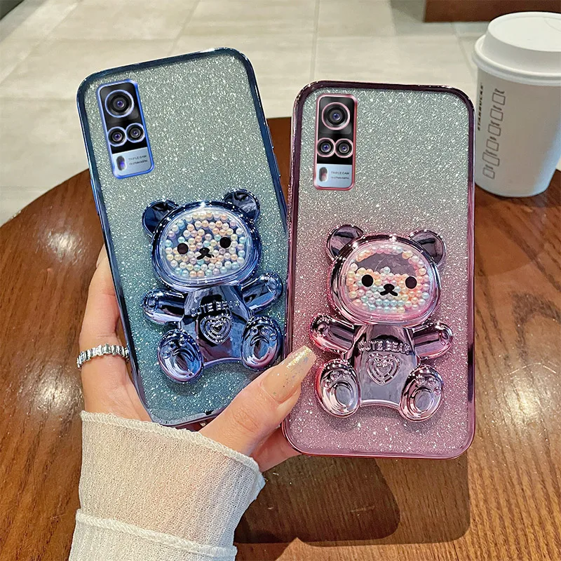 For VIVO Y31 2021 Case Soft Silicone Bling Shockproof Electroplated TPU Cell Phone Casing For V2036 Back Cover Cute Bear Stand