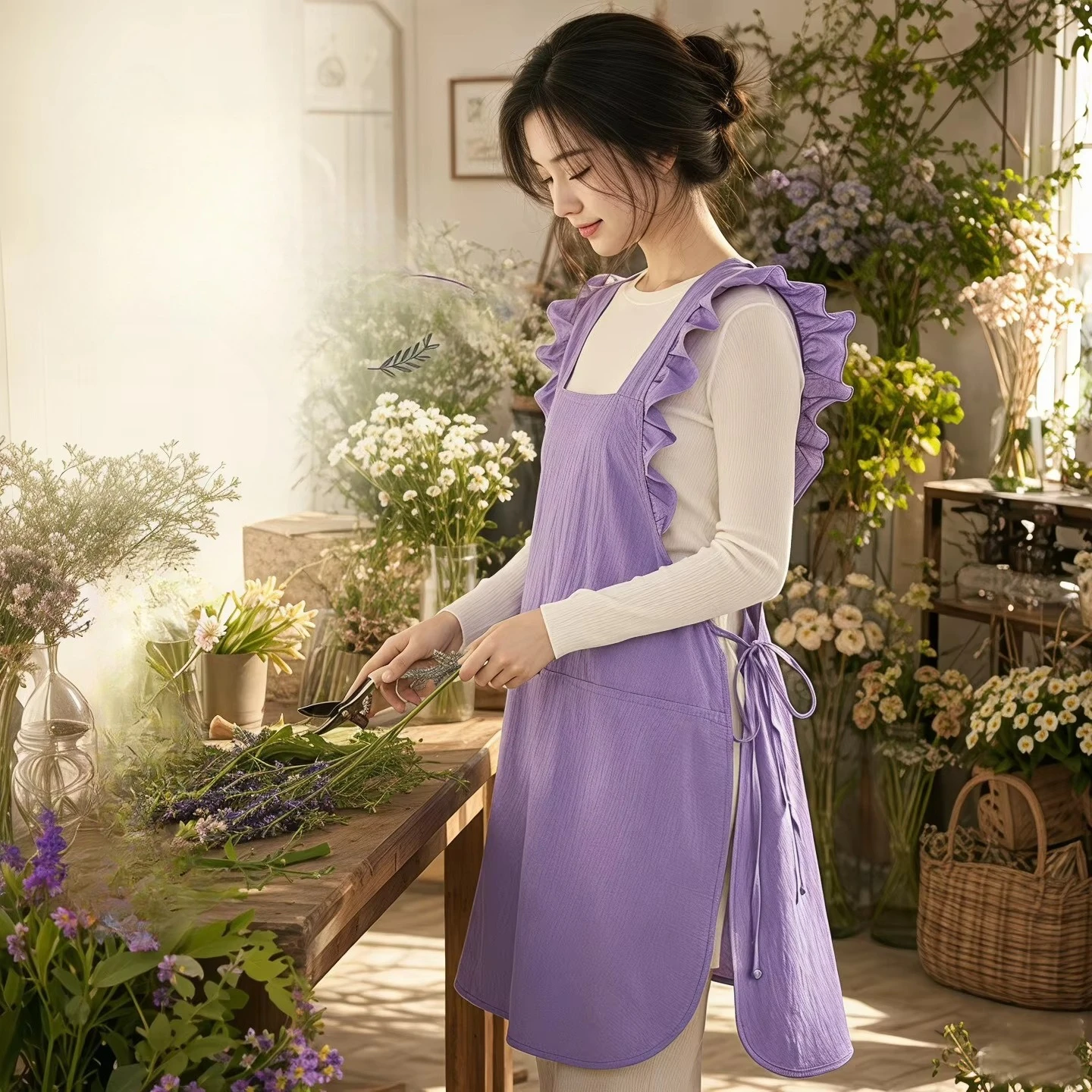 Japanese Fashion Korean Kitchen Coffee Shop Working Falbala Apron Kawaii Home Gardening Cotton Linen Pinafore Lotus Leaf Lace