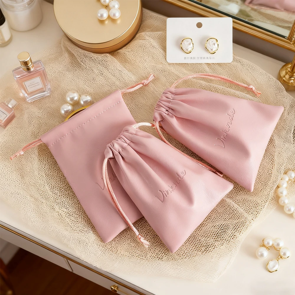 

Custom Printed Logo Luxury PU Leather Drawstring Bag Wedding Parties Soft Jewelry Cosmetics Earrings Perfume Packaging Gift Bags