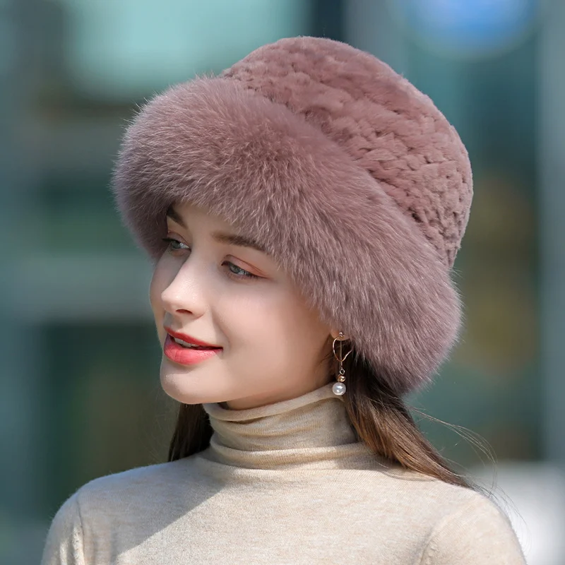 Winter Women's Rex Rabbit Fur Hats  Rex Rabbit Fur Striped Head Top Flower Faux Fox Fur Warm Fur Knit Caps