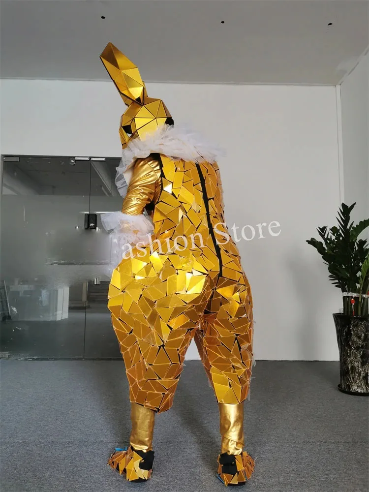 Nightclub Performance Show Gold Mirrors Glass Dance Costumes Party Cosplay Wear Dress Rabbit Helmet Halloween New Year Outfit