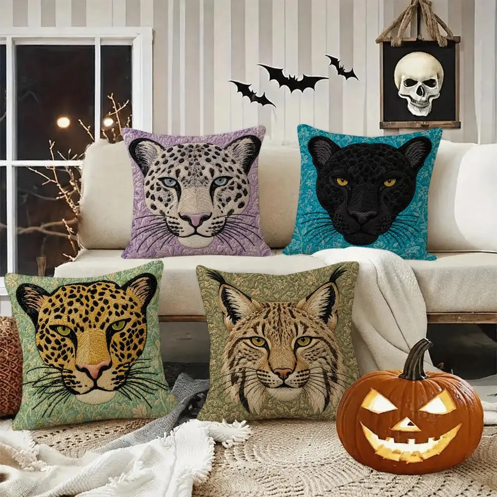 Vintage Wild Cat Portrait Cushion Cover Halloween decoration trick or treat cushion cover, ghost, pumpkin head, bat decoration