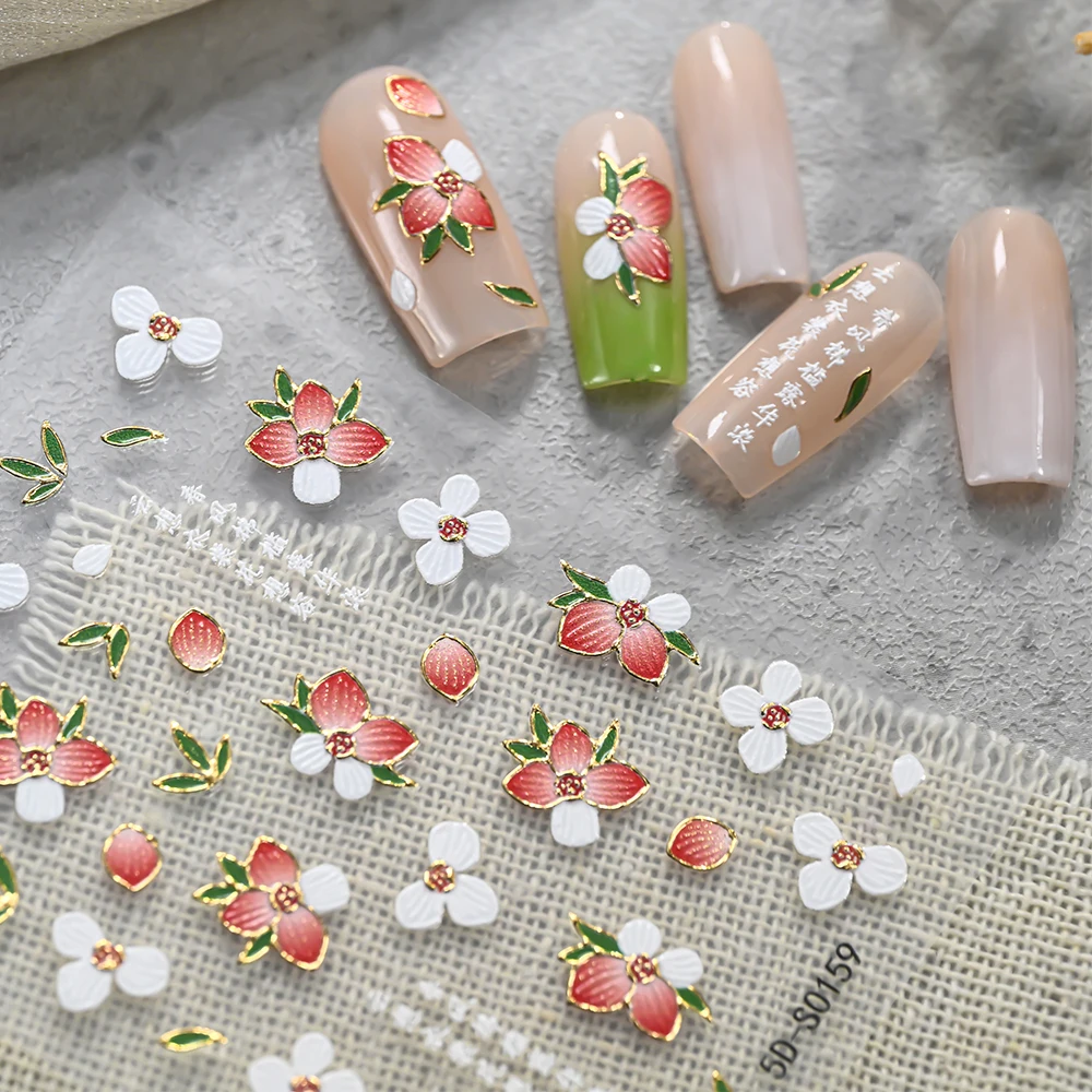 1Pcs 5D Red White Blocking Peach Blossom Nail Stickers Bronzing Flower Self-Adhesive Nails Art Decals for Chinese Style Manicure