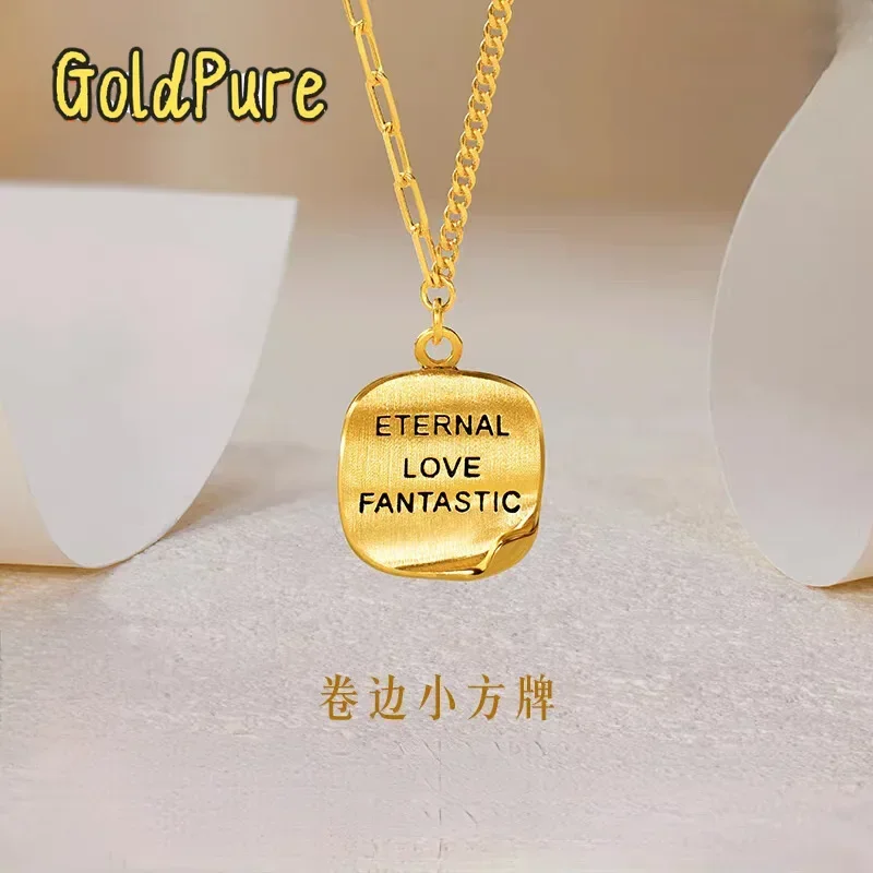 

Goldpure Luxury 24K 9999 Pure Gold real gold Curled Small Square Brand Necklace AB Chain Chocolate Brand Clavicle Chain