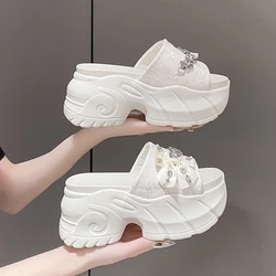 9CM Women Bling Chunky Slippers Summer Ladies Beach Flip-Flops Wedges Heels Outside Sandals Woman High Platform Leather Shoes