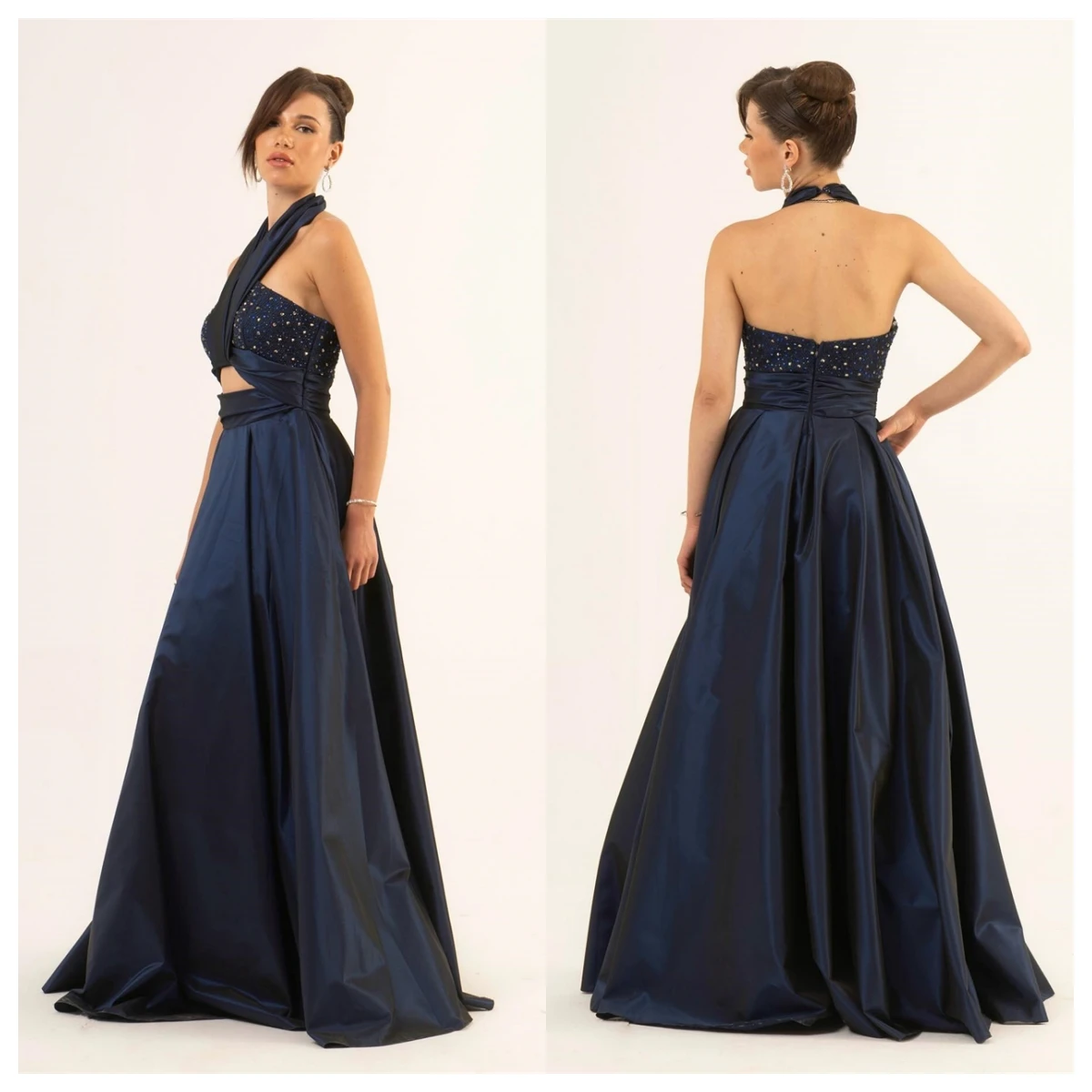 

Customized Modern Navy Blue Satin Evening Dress Halter Sleeveless Celebrity Gowns Vestido De Festa Crystal Open Back Sexy