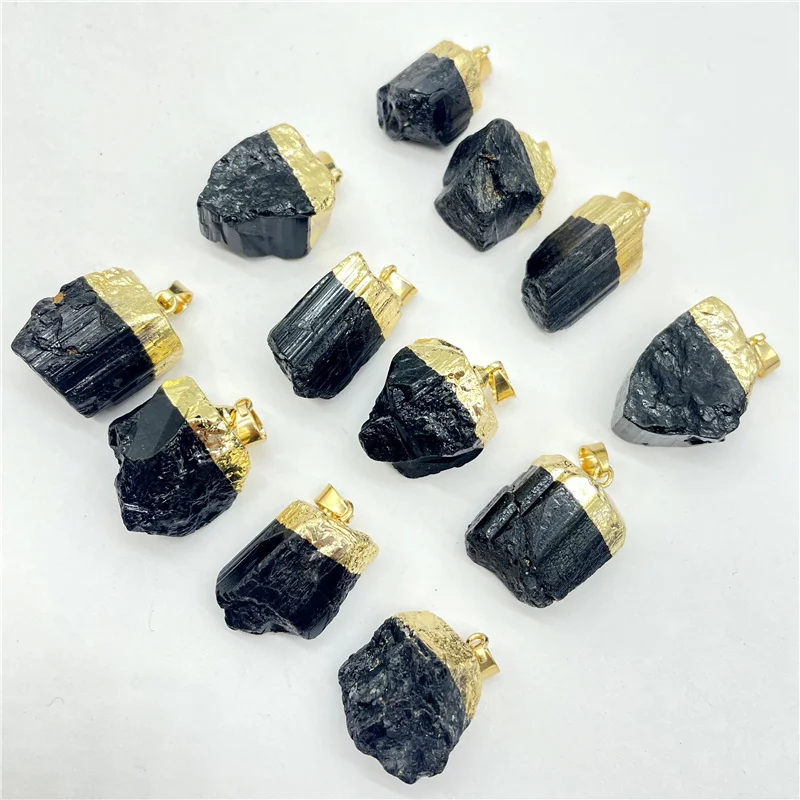 New Natural Gem Stone Black Raw Ore Tourmaline Gilt Irregular Shape Pendant Reiki Healing Energy Jewelry Making Necklace 12pcs