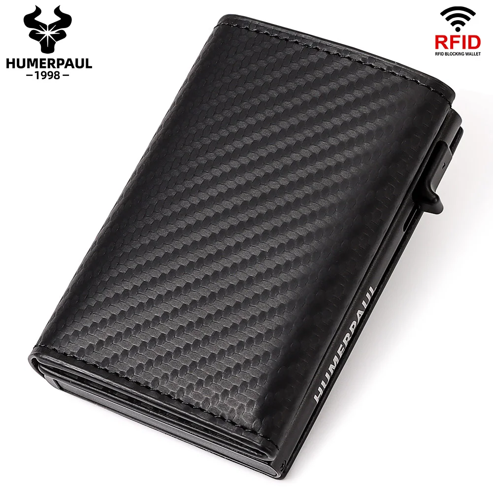 

HUMERPAUL Carbon Fiber Men Cards Wallet RFID Credit Card Holder Smart Pop Up Aluminium CardHolder Case with Trifold Money Clip