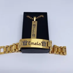 Custom Cuban Chain Name Necklace Bangle Jewelry Set Stainless Steel Personalized Nameplate Pendant Necklace Men Women Best Gifts