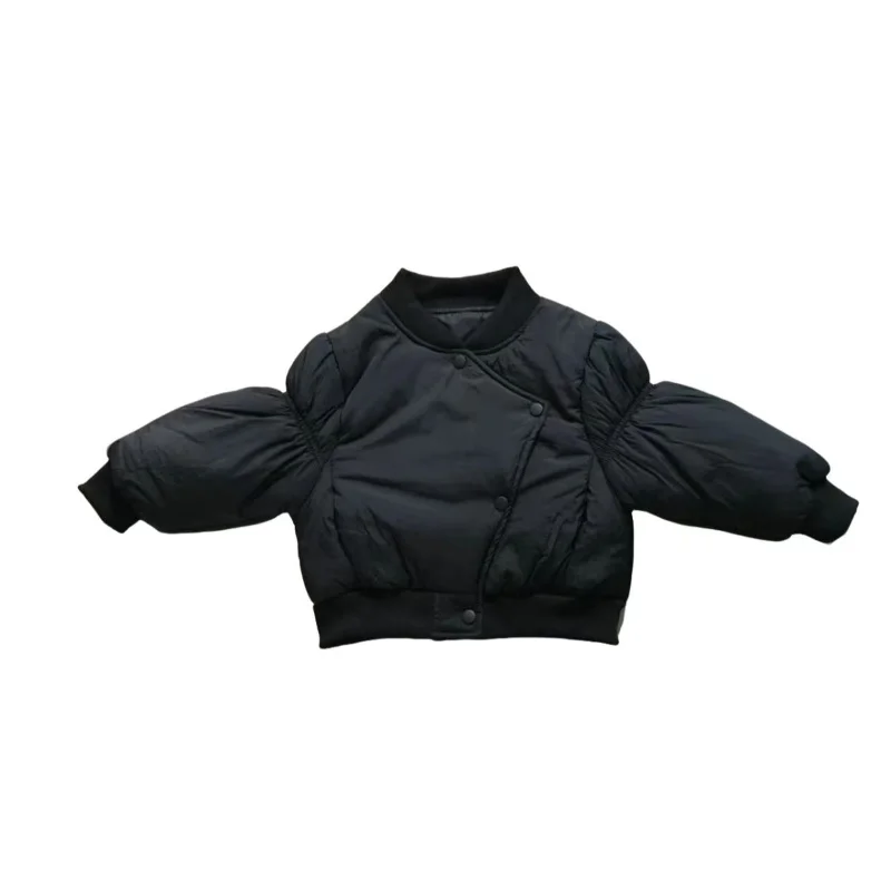 2025 New Girls Short Puffer Jacket Quilted Bubble Sleeve Coat Asymmetrical Design Solid Color Warm Winter Coat 90-150CM