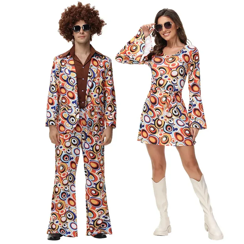

Adult Couples Hippie Costumes for Women Male Vintage 70s 80s Rock Disco Cosplay Outfits Halloween Party Fantasia Dress Up