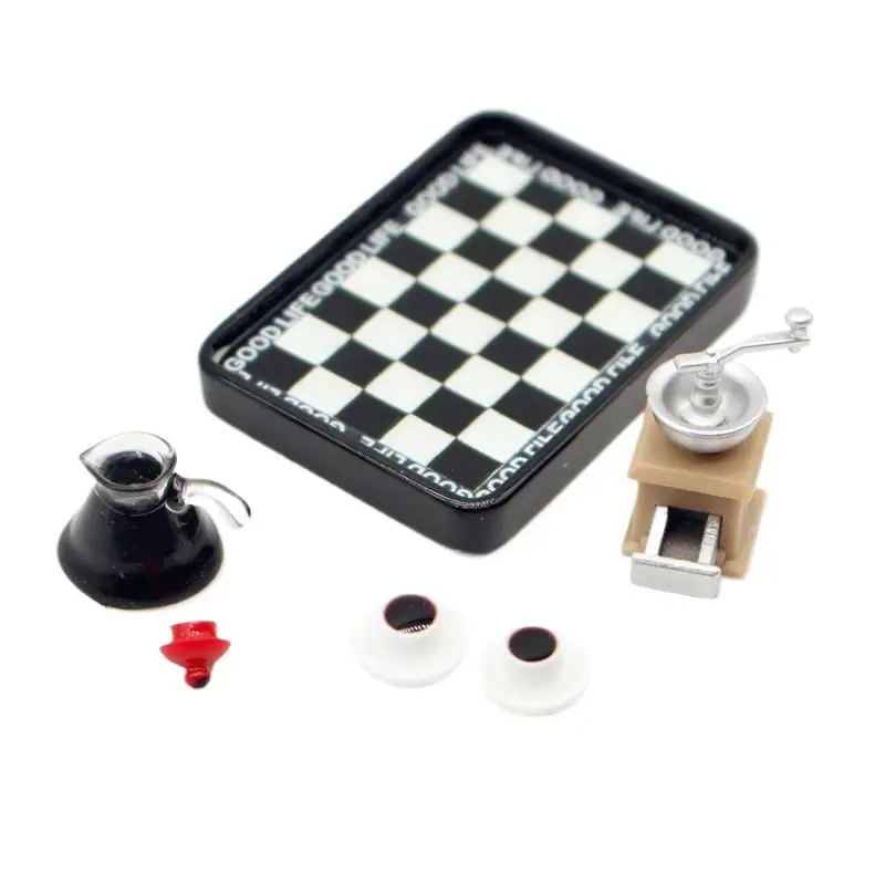 Puppenhaus Miniatur Kaffeemaschine Mühle Schwarz und Weiß Kariert Teller Set Modell Puppenhaus Zubehör Rollenspiel Spielzeug