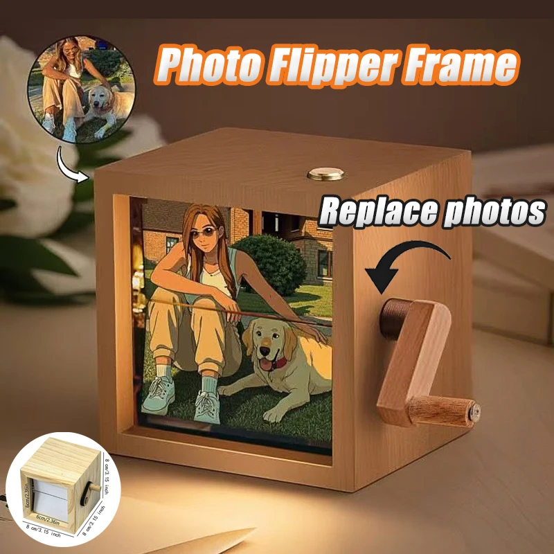 Mini Luminous Hand Cranked Photo Flipper Frame 8/16 Photos Rotating Wooden Box Photocards Holder Desk Decoration Festival Gifts