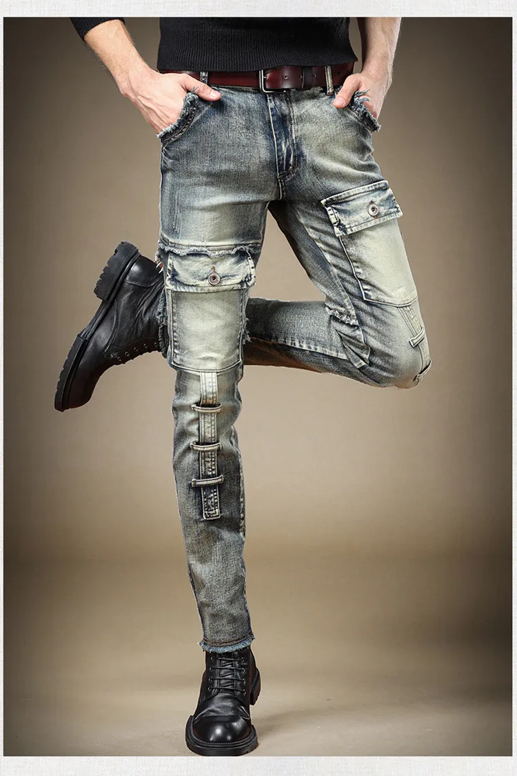 Fashion Men\'s Pants High Quality Pockets Stretch Y2k Jeans Vintage Blue Moto Denim Trousers Autumn Streetwear Men\'s Clothing New