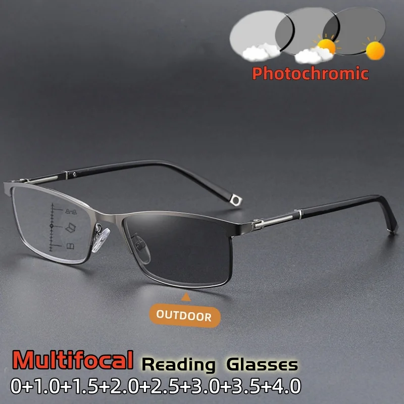 

2026 Multifocal Photochromic Reading Glasses Anti-blue Light Far Sight Eyesglasses Men's Business Luxury Eyewear 0 To +4.0