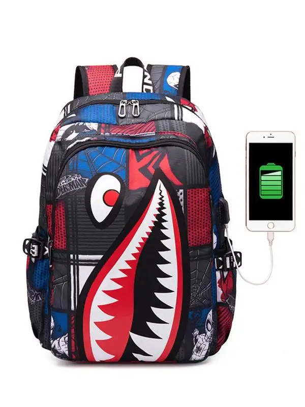 Colorblock Shark Pattern Backpack, Capacity Backpack with Usb Port Design, Backpack for Daily Use, Back To School Bag for Summer