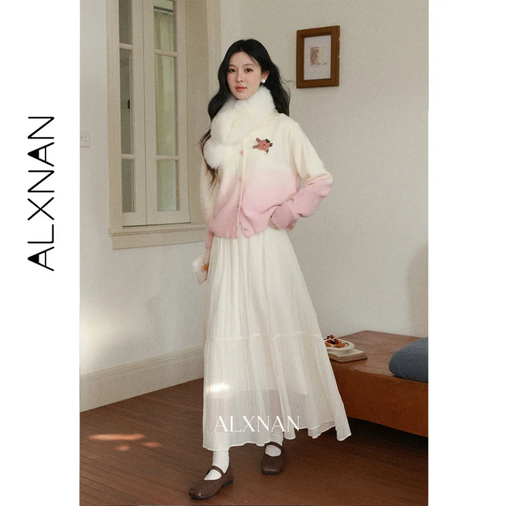 ALXNAN Women's Apricot Chiffon High Waist A-Line Midi Skirt Slimming Versatile Commuter Minimalist Autumn 2026 L68665