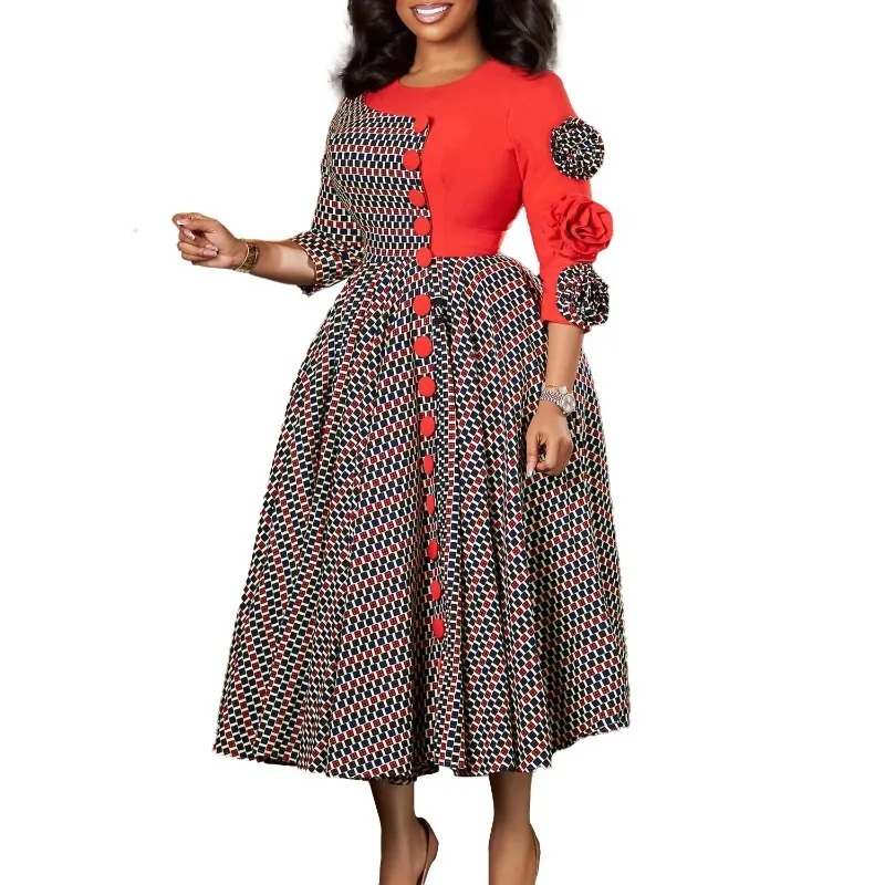 

Elegant Long Dress for Women Autumn Fashion Wedding Party O-neck 3/4 Sleeve Dashiki African Style Outfit for Women