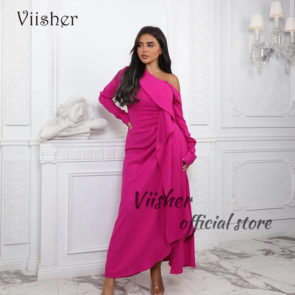 

Viisher Pink Mermaid Evening Dresses One Shoulder Pleats Satin Long Prom Party Dress Ankle Length Dubai Arabic Foraml Gown