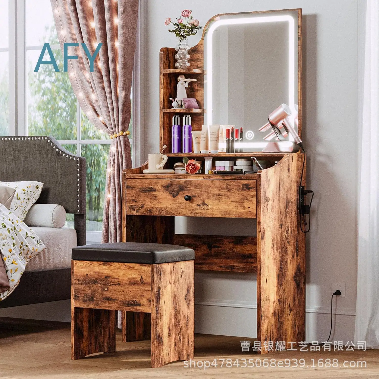 Small Makeup Vanity Set with Mirror Light Drawers and Nightstand with USB Charger for Bedroom Furniture for Real Wood