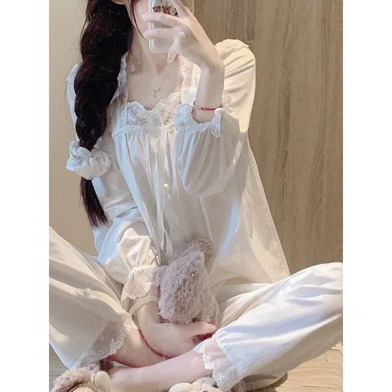 Female Springtime 2024 New Style Lace Netting Home Dress Pantsuit Loose and Comfortable French Pure Libido Long-sleeved Pajamas