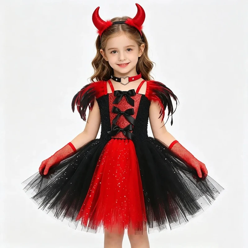 Devil Cosplay Party Dress Multi‑Bow Glitter Bodice Layered Sparkle Tulle Skirt, Horn Headband Choker Gloves for Halloween Stage