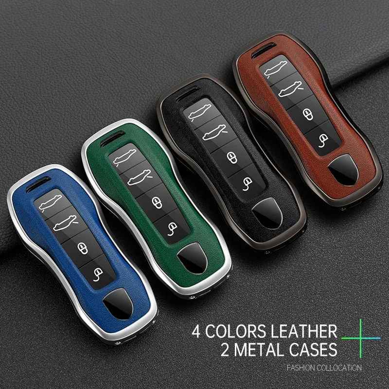 Zinc Alloy+Leather Car Key Case Cover for Porsche New Cayenne Panamera 911 992 Taycan Car Protective Keychain Accessories