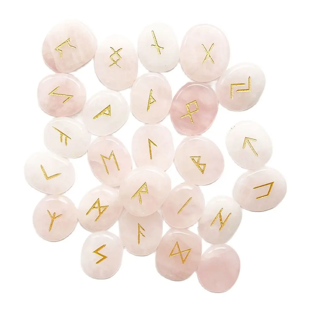 25pcs Natural Crystals Pink Rose Quartz Stones Viking Runes Set Carved Gold Lettering Wiccan Pagan Amulets Nordic Rune