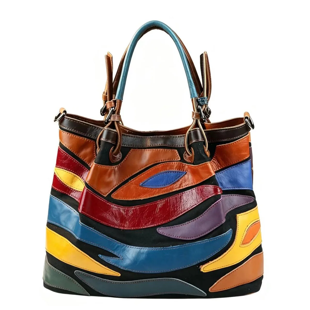 Women Vintage Multicolor Wave Patch Genuine Leather Tote Bag Vintage Hand Stitched Color Shoulder Handbag With Detachable Strap