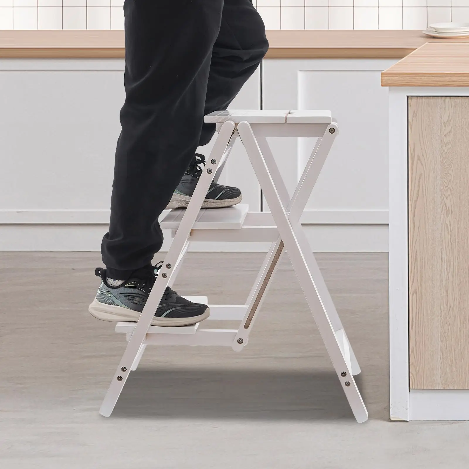Folding Step Stool for Adults, 3 Tier Step Ladder Portable Counter Chair Wooden Trapezoidal Shelf with Convenient