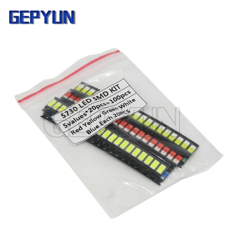 100PCS=5 colors x 20pcs 1210 1206 0805 0603 5730 LED Diode Assortment SMD LED Diode Kit Green/RED/White/Blue/Yellow Gepyun