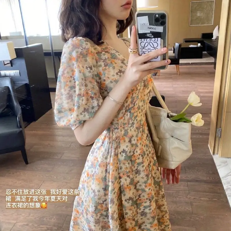 Women Summer Dress 2023 Robes New Summer Edition v-neck Floral Chiffon Female Long Oil Painting Series Vestido De Mujer CHF087