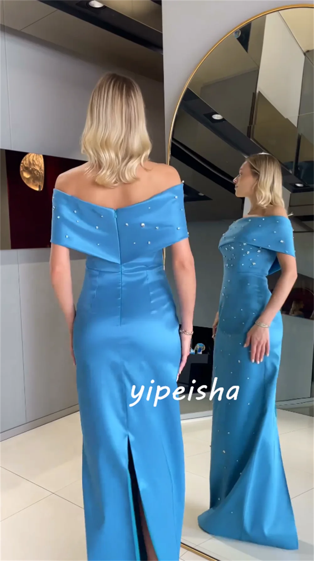 Customized  Sexy Casual   Satin Beading Draped Pleat Birthday A-line Off-the-shoulder Bespoke Occasion Gown Long Dresses