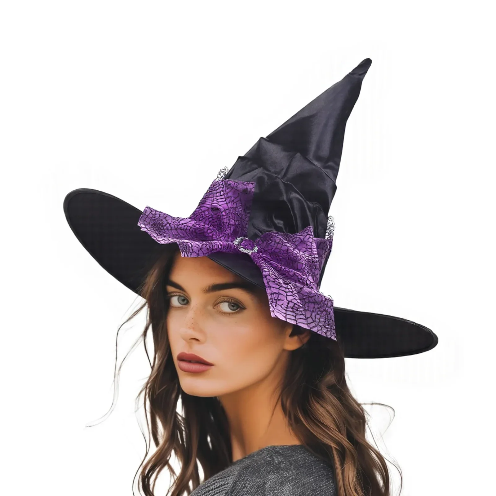 Women Halloween Witch Hat Role Play Costume Black Pleated Curved Party Cap EU US