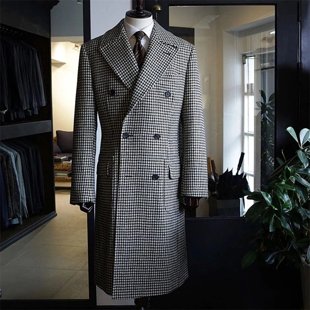 Houndstooth Men‘s Long Overcoat Casual Woolen Coat Peak Lapel Blazer Plaid Wedding Tuxedos One Piece Costume Homme Mariage